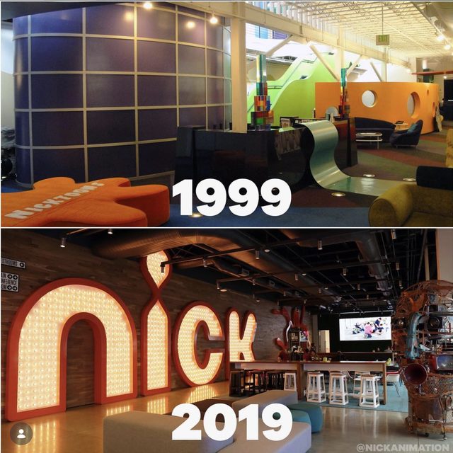 Nickelodeon Animation studio lobby, 1999 and 2019 side by side